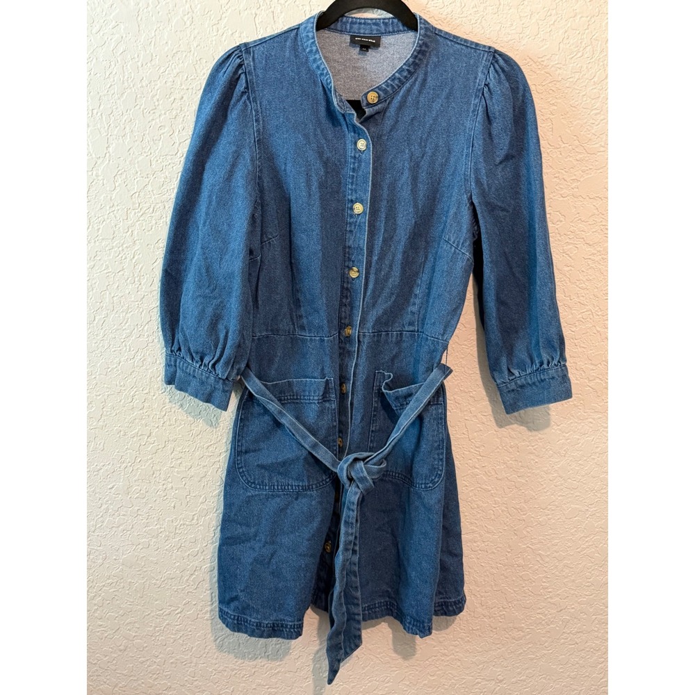 Who What Wear Denim Puff Sleeve Belted Mini Dress Size M Cottagecore Modern